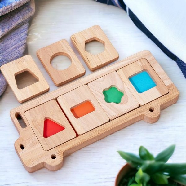 Bus Color and Shapes Sorting Toy. Montessori inspired Wooden Puzzle