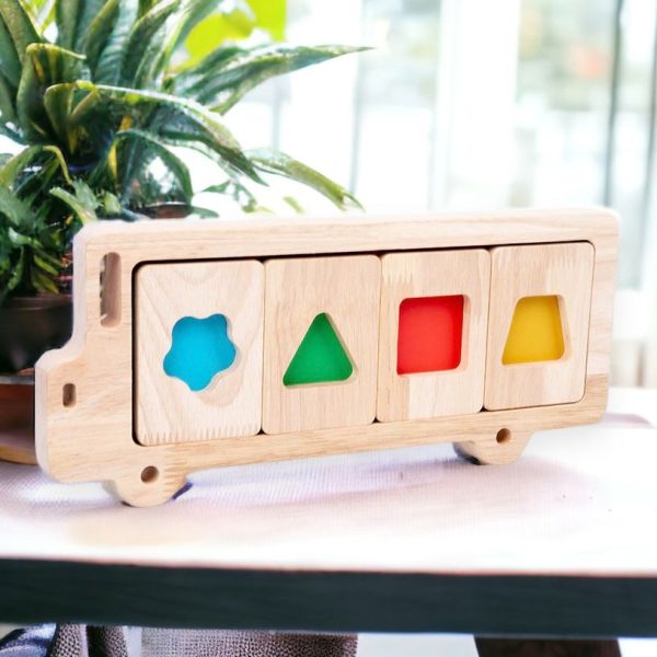 Bus Color and Shapes Sorting Toy. Montessori inspired Wooden Puzzle