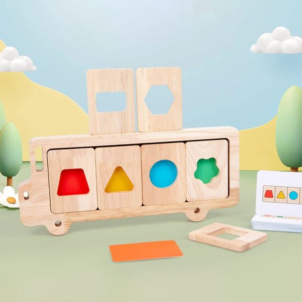 Bus Color and Shapes Sorting Toy. Montessori inspired Wooden Puzzle