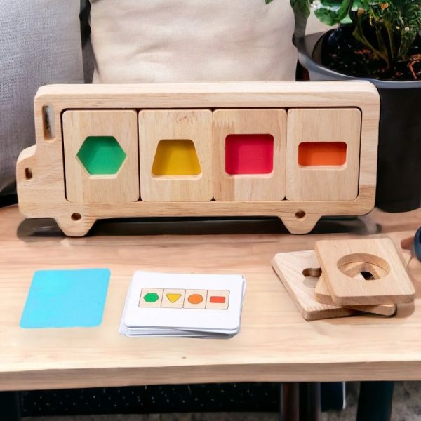 Bus Color and Shapes Sorting Toy. Montessori inspired Wooden Puzzle