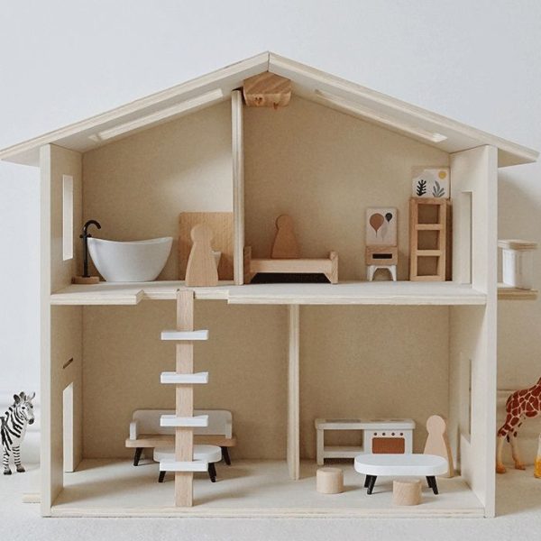 Cream coloured wooden doll house. Pretend Play Toy