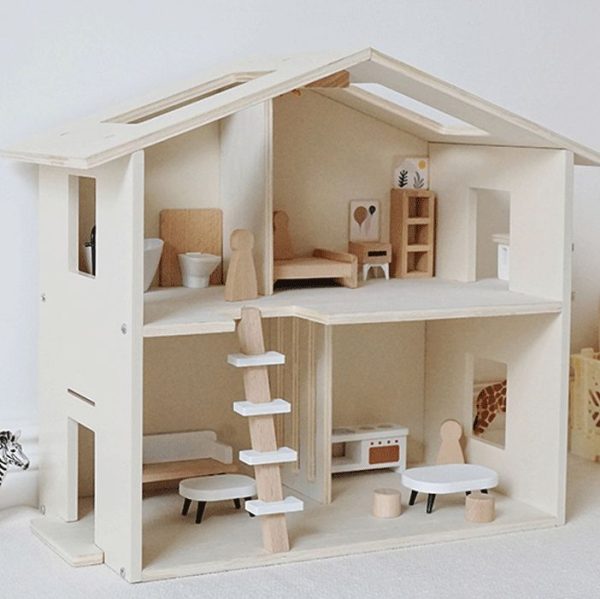 Cream coloured wooden doll house. Pretend Play Toy