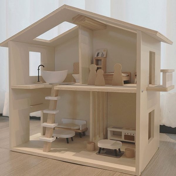 Cream coloured wooden doll house. Pretend Play Toy